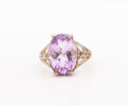 925 Sterling Silver Vintage Ring Heart Cutout Oval Amethyst  Sz 6.5  RG29673