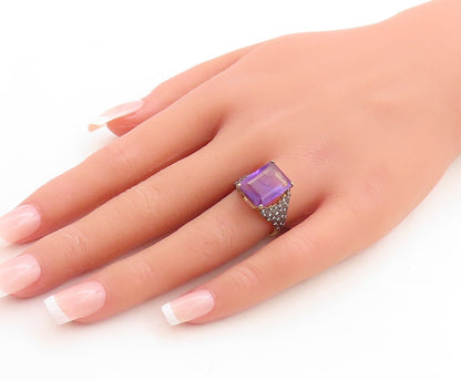 925 Sterling Silver Vintage Ring Gold Plated Amethyst & CZ Inlay  Sz 7  RG31213