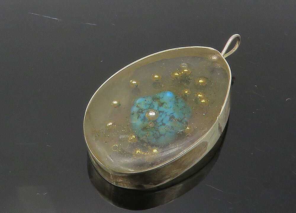 925 Sterling Silver  Vintage Turquoise Glass Art Oval Drop Pendant  PT7987