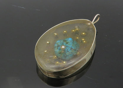 925 Sterling Silver  Vintage Turquoise Glass Art Oval Drop Pendant  PT7987