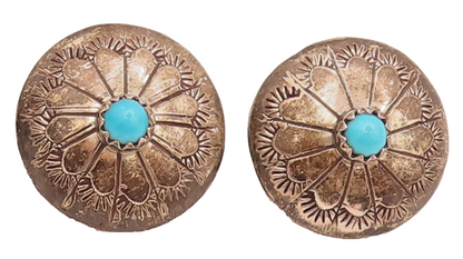 NAVAJO 925 Silver  Vintage Carved Floral Design & Turquoise Earrings  EG12438