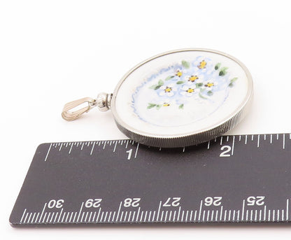 925 Sterling Silver Vintage Pendant SUE POWELL Floral Enameled Plate  PT24041