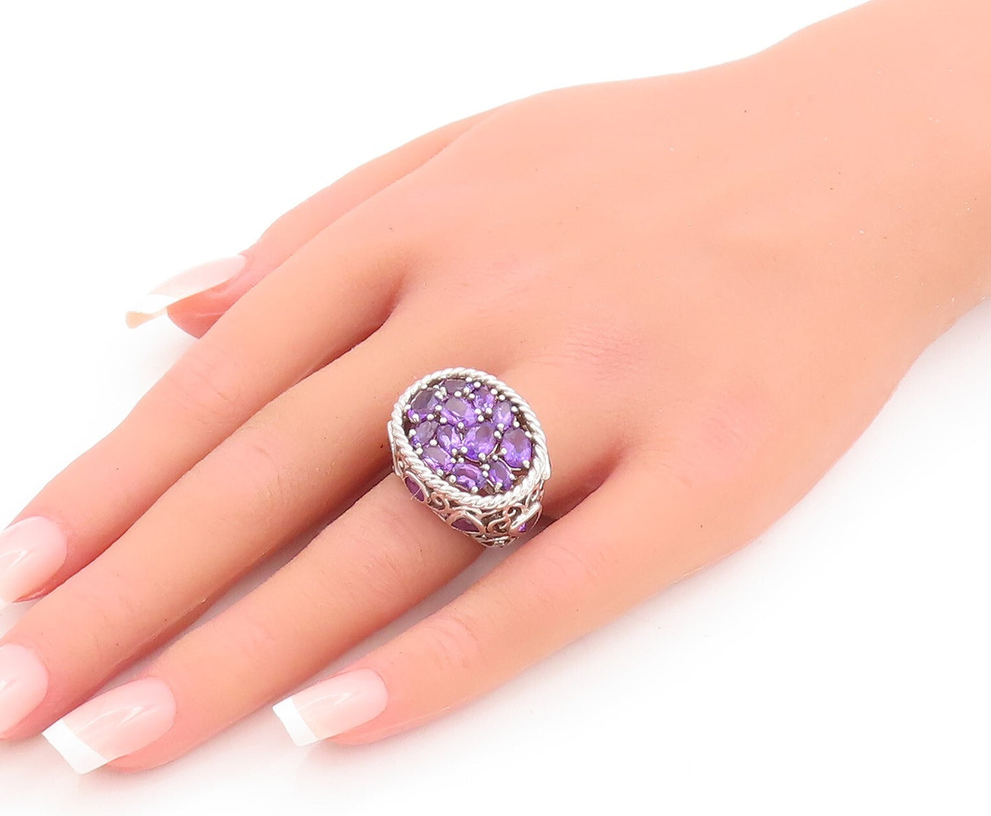 925 Sterling Silver Vintage Ring Large Roped Oval Amethyst Inlay  Sz 5  RG28729