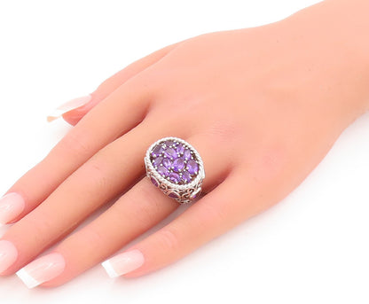 925 Sterling Silver Vintage Ring Large Roped Oval Amethyst Inlay  Sz 5  RG28729