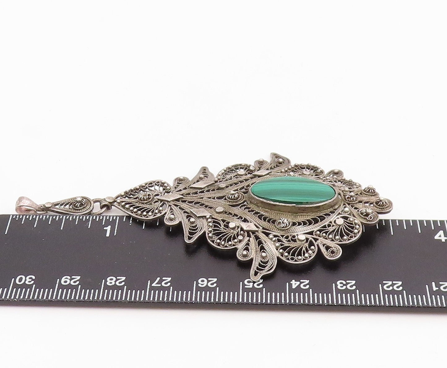 925 Sterling Silver Vintage Pendant Oval Malachite Large Floral Filigree PT25845