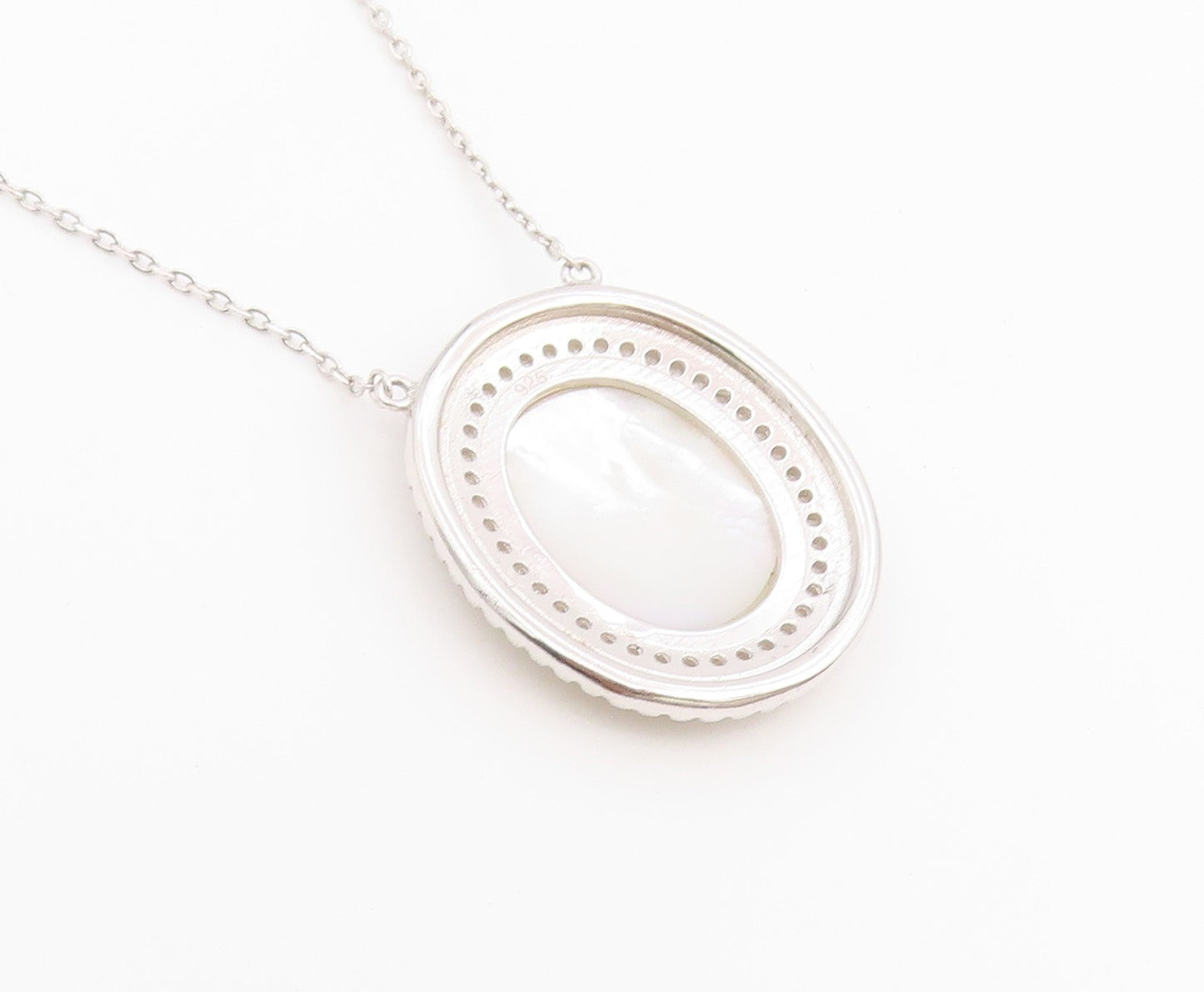 925 Sterling Silver Vintage Necklace Mother Of Pearl Halo CZ Virgin Mary  NE4902
