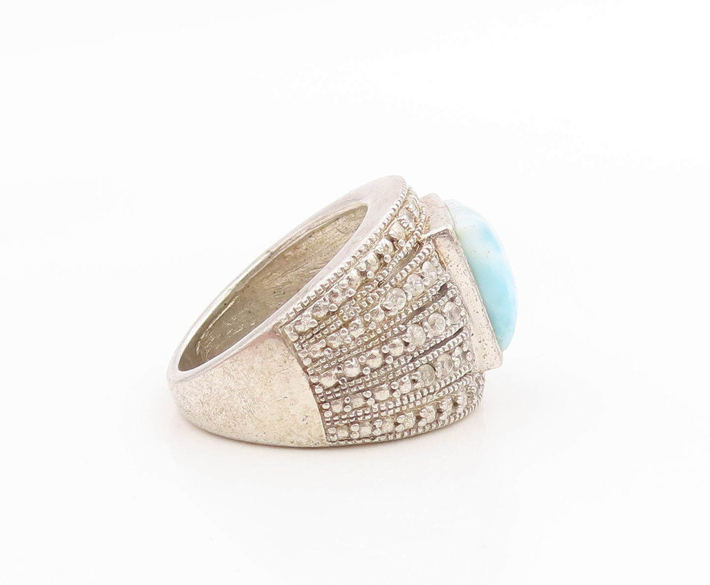 925 Sterling Silver Vintage Ring Larimar & Multi Row Topaz Band  Sz 5  RG35954