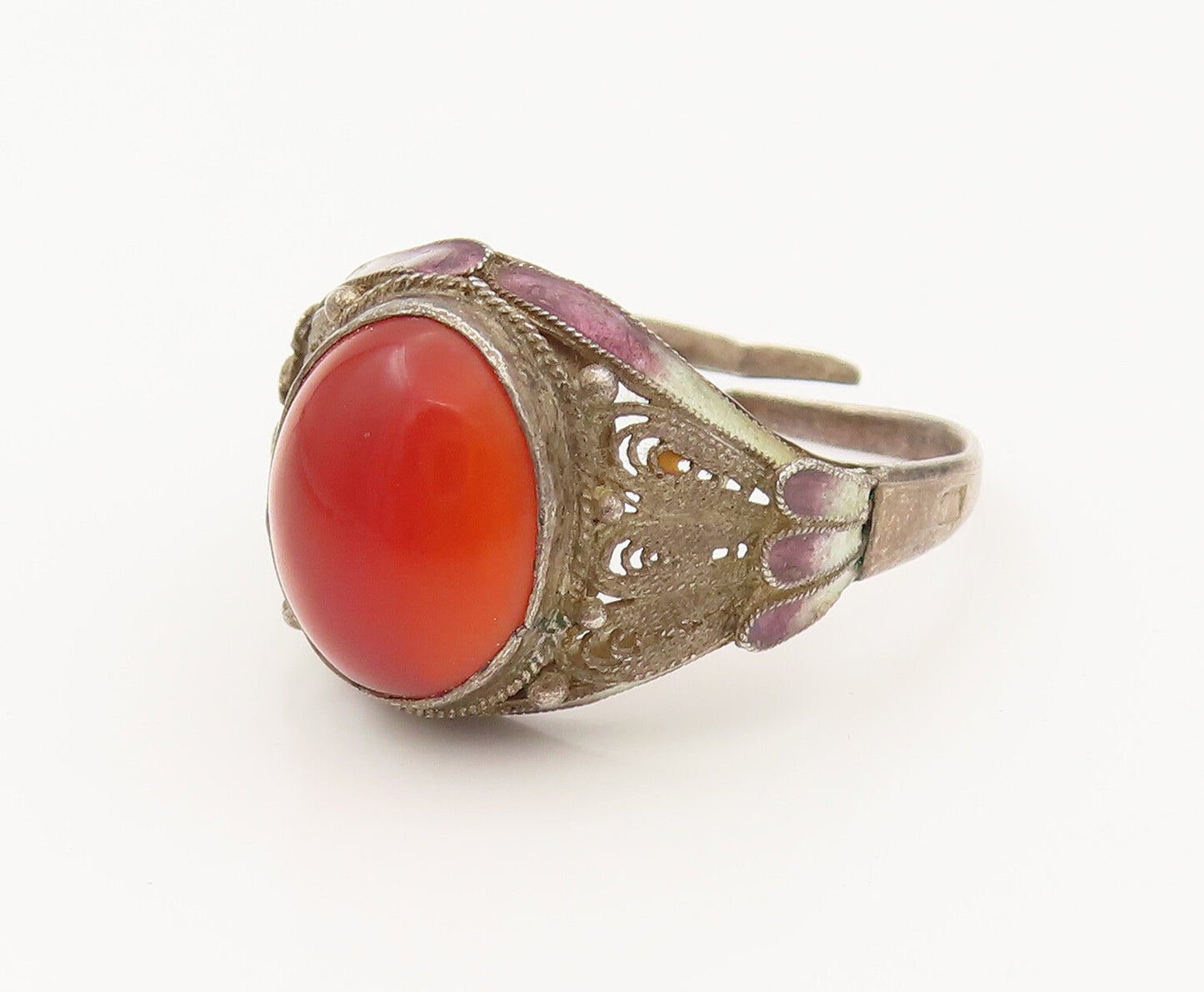 CHINESE 925 Sterling Silver Vintage Filigree Carnelian Ring Sz 9  RG26502