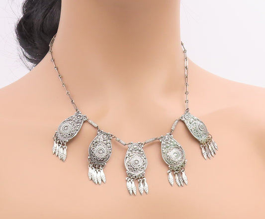 925 Sterling Silver Vintage Necklace ISRAEL Intricate Motif Design Choker NE4823