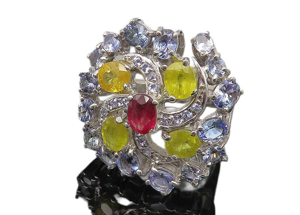 925 Sterling Silver Multi Color Topaz Floral Cocktail Ring Sz 9 RG10521