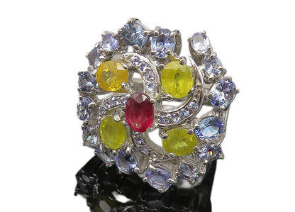 925 Sterling Silver Multi Color Topaz Floral Cocktail Ring Sz 9 RG10521