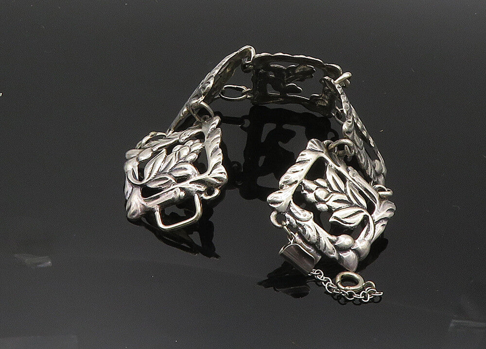 925 Sterling Silver  Vintage Antique Flower Motif Square Chain Bracelet BT8134