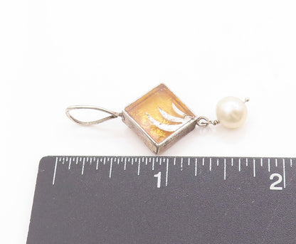 925 Sterling Silver Vintage Pendant VARGA Pearl With Gilded Leaf Charm   PT25002