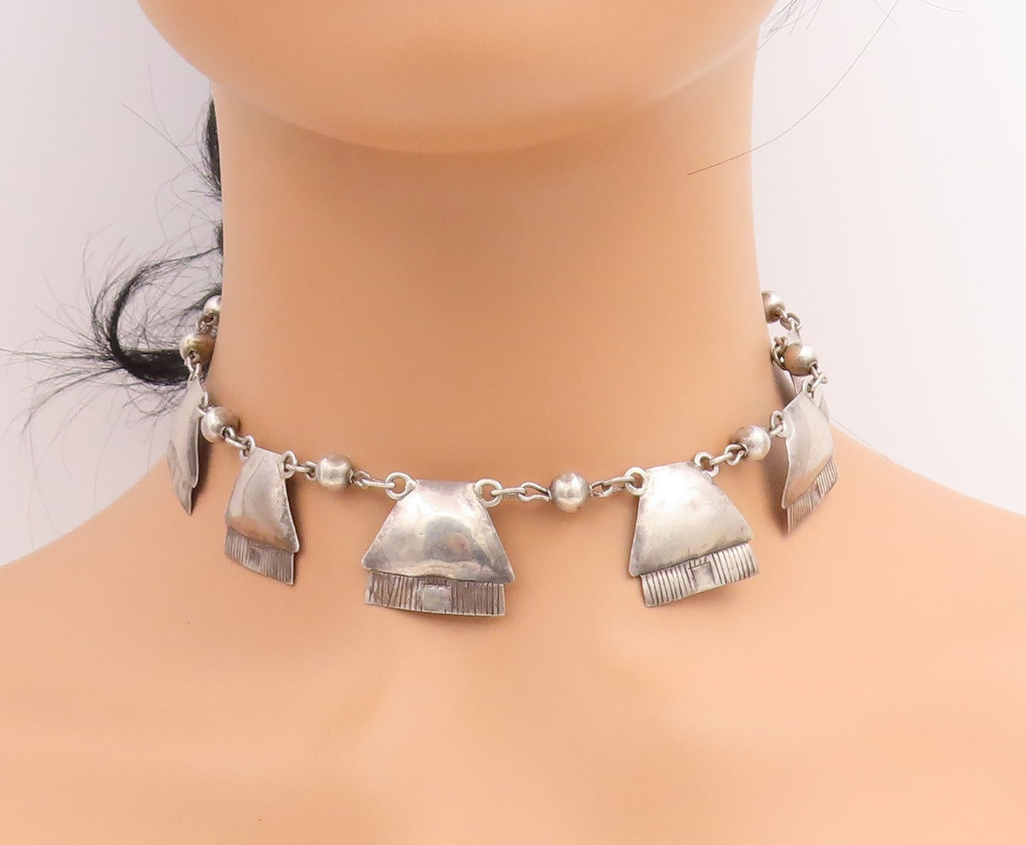 925 Sterling Silver Vintage Necklace Antique Etched Geometric Choker  NE4772