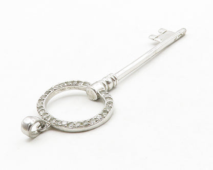 925 Sterling Silver  Shiny White Topaz Open Key Motif Drop Pendant  PT10626