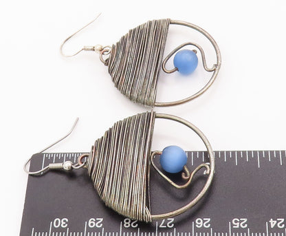 925 Sterling Silver Vintage Earrings Roped Semi Circle Beaded Moonstone  EG13020