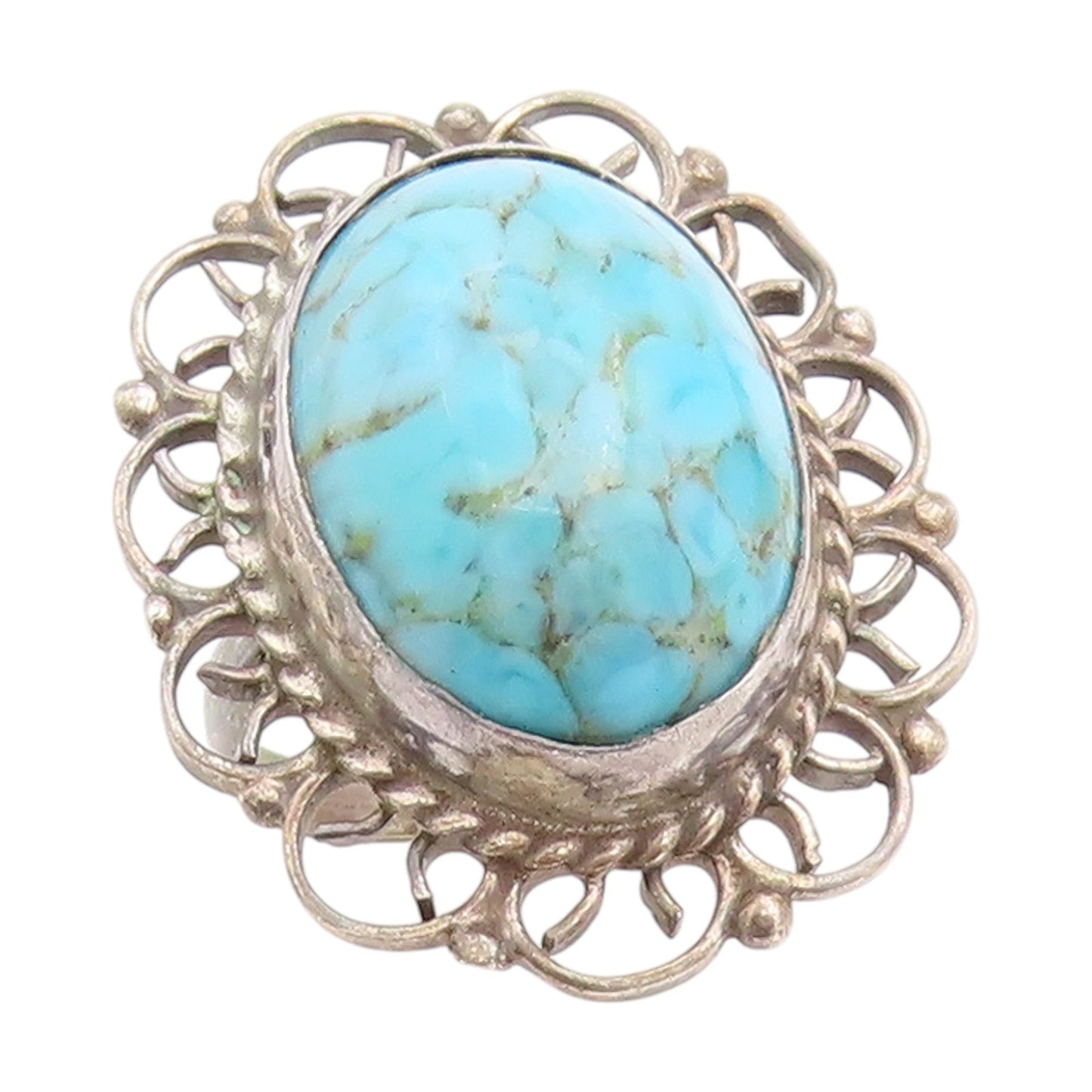 925 Sterling Silver Vintage Ring Cabochon Turquoise Scroll Band  Sz 6  RG34784