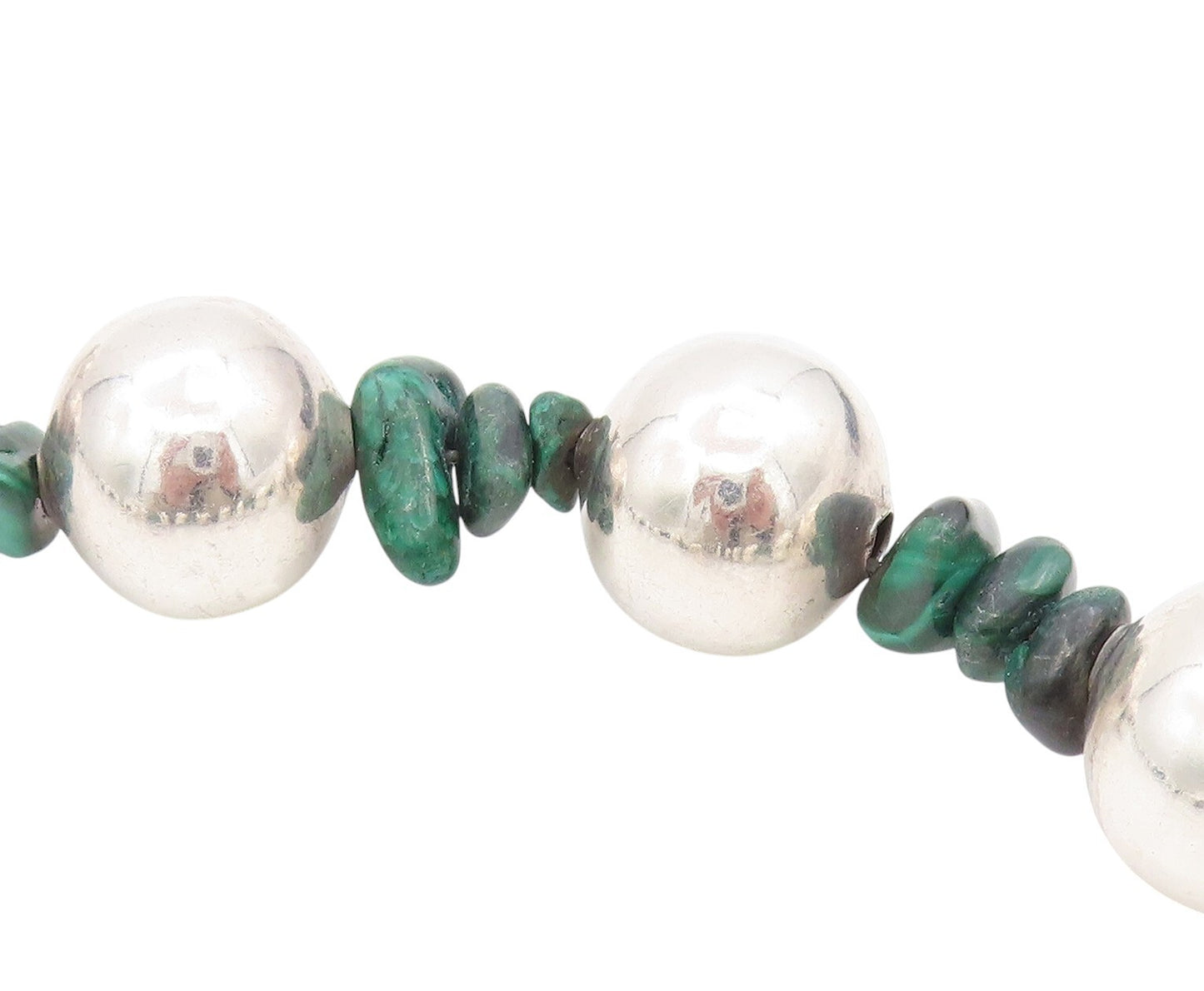 925 Sterling Silver Vintage Necklace MEXICO Beads & Malachite  NE4475