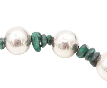 925 Sterling Silver Vintage Necklace MEXICO Beads & Malachite  NE4475