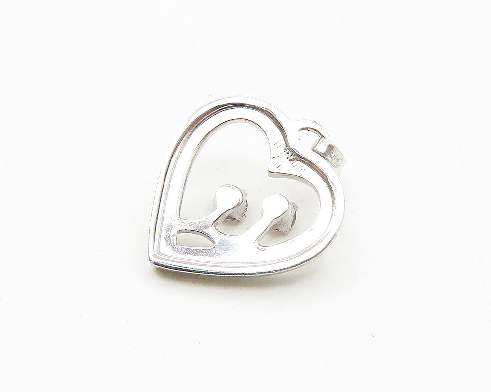 925 Sterling Silver  Shiny Petite Pink Topaz Open Love Heart Pendant  PT13881