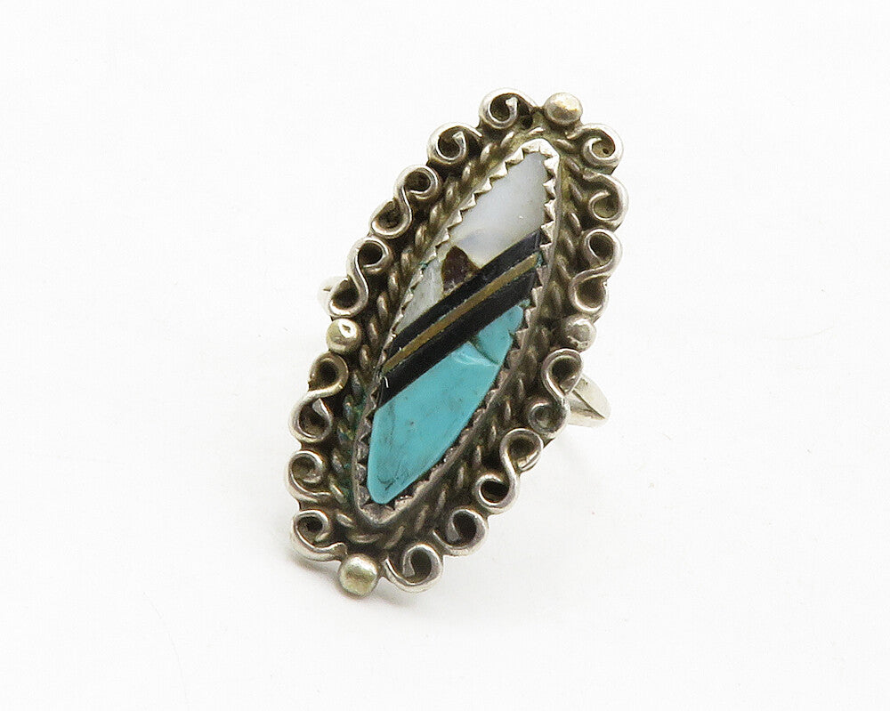 925 Sterling Silver  Vintage Turquoise Swirl Border Cocktail Ring Sz 6.5 RG12788