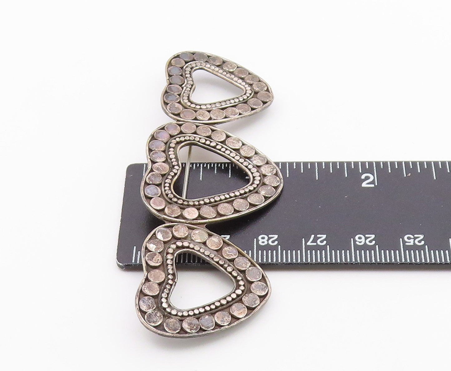 925 Sterling Silver Vintage Brooch Pin Beaded Cutout Linked Love Hearts  BP10736