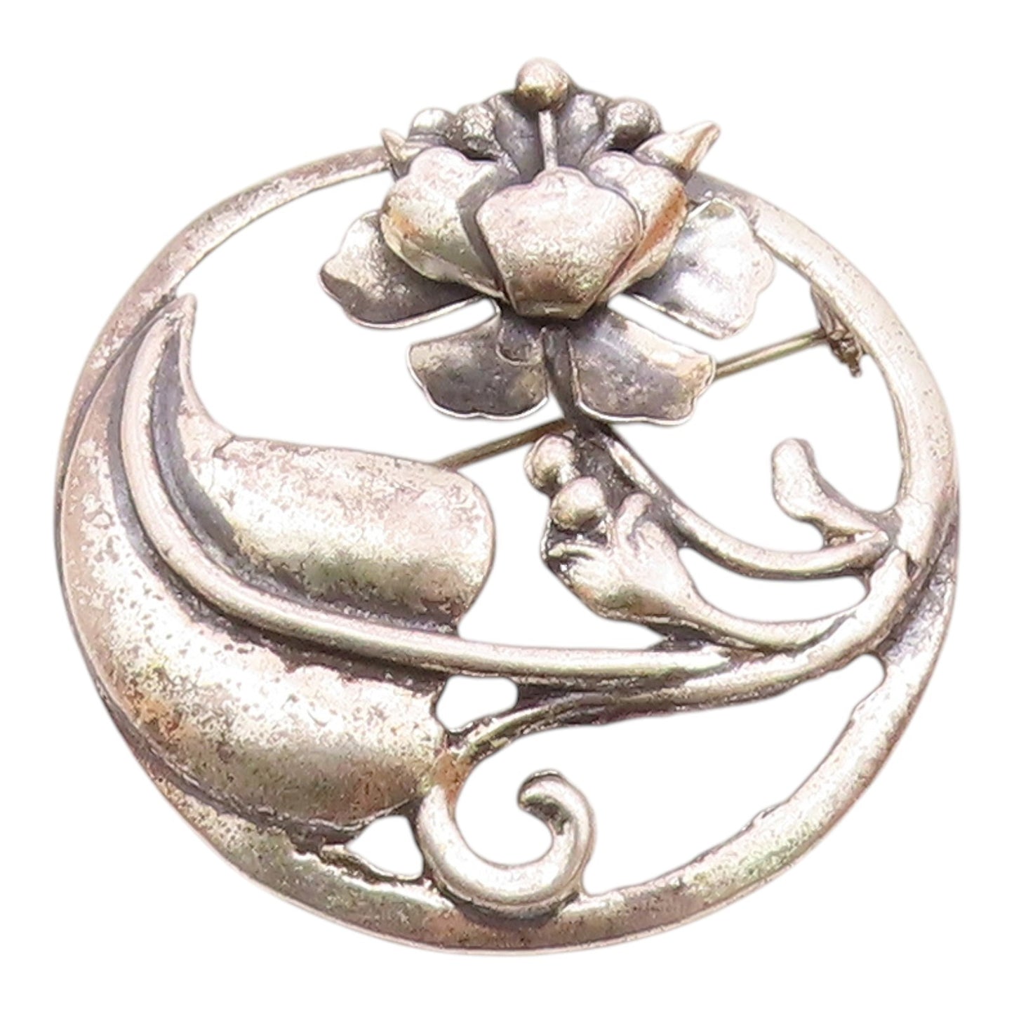 925 Sterling Silver  Vintage Antique Floral Swirl Round Brooch Pin  BP7047