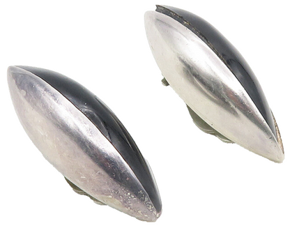 GMH MEXICO 925 Silver  Vintage Inlaid Onyx Dome Non Pierce Earrings  EG5565