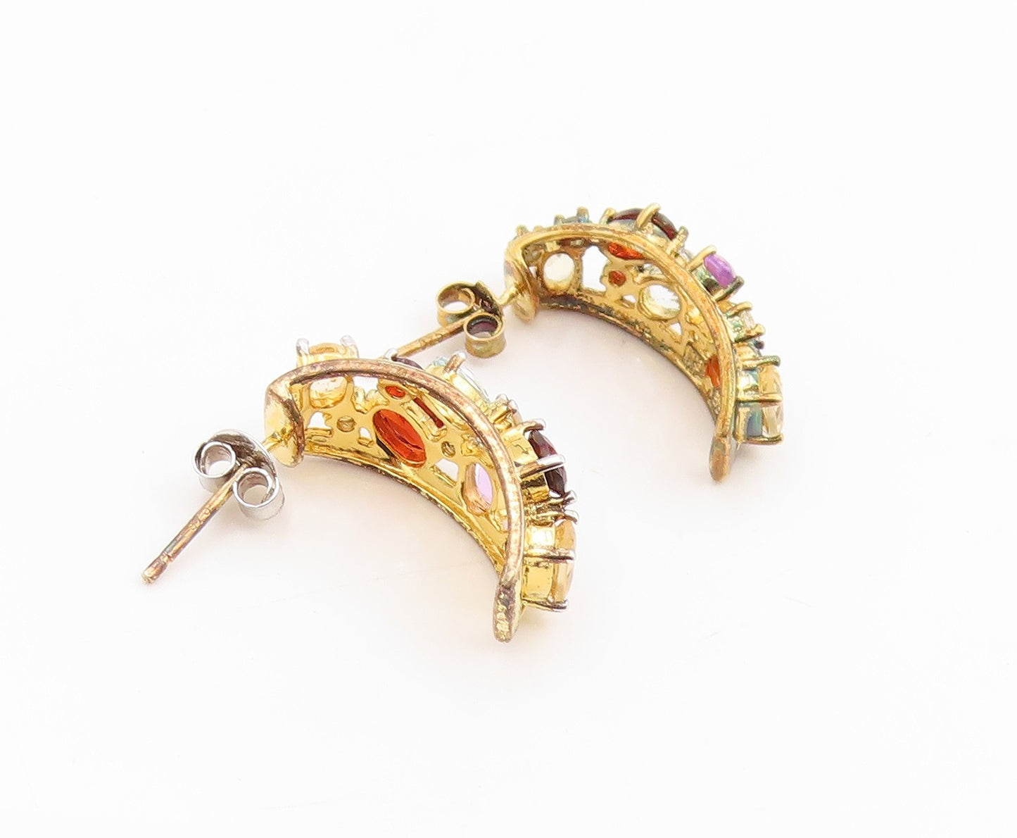 925 Sterling Silver Vintage Earrings Gold Plated Multi Gemstone Hoops  EG14325