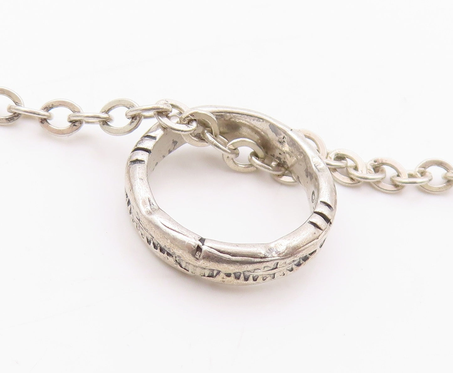 925 Sterling Silver Vintage Necklace CAROLYN POLLACK Carved Ring Chain  NE4556