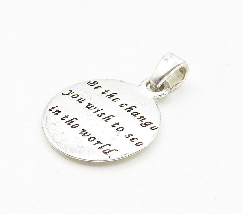 925 Sterling Silver  Shiny Petite Be The Change Etched Quote Pendant  PT12128