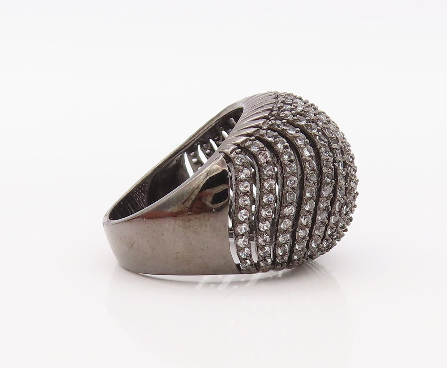 925 Sterling Silver Vintage Ring Wavy Cutout CZ Inlay Domed  Sz 7.5  RG30752