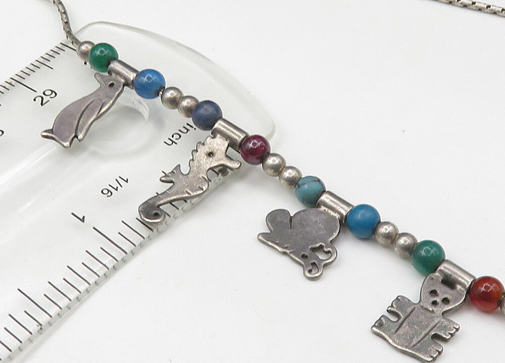 925 Sterling Silver Vintage Turquoise & Multi Stone Chain Necklace NE3668