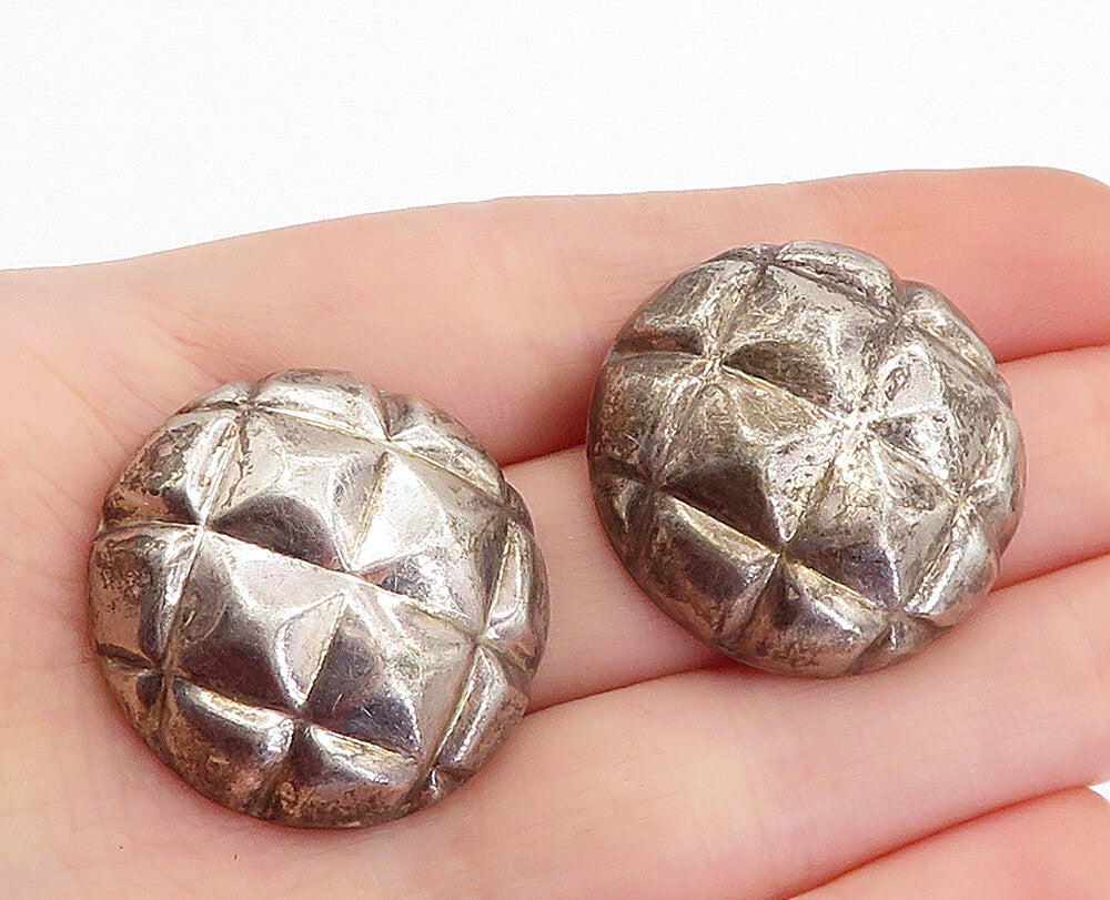 925 Sterling Silver  Vintage Dark Tone Grid Etched Dome Drop Earrings  EG2350