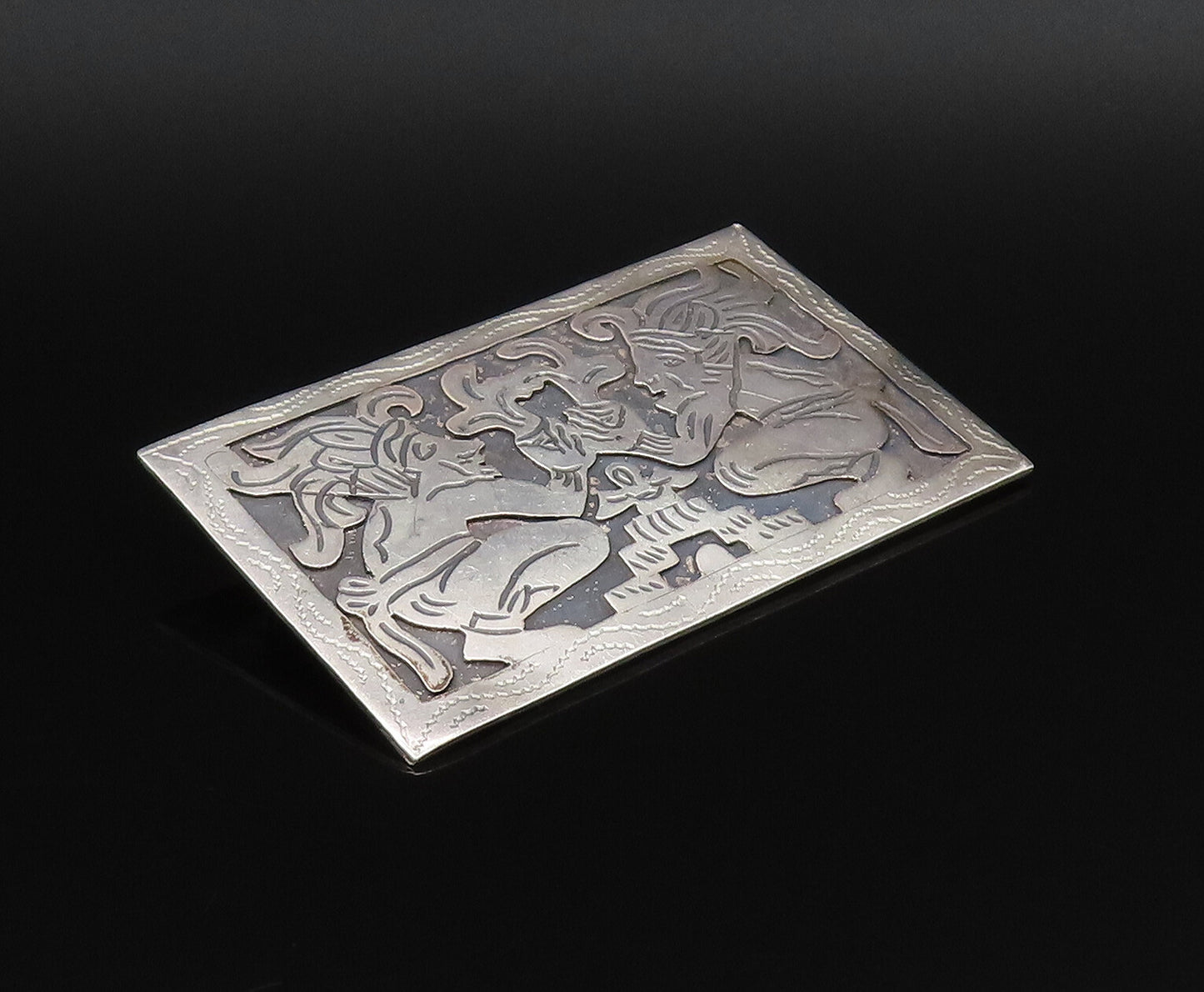 GUATEMALA 925 Silver  Vintage Carved Warriors Quetzal Brooch Pin  BP9881