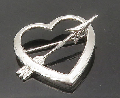 925 Sterling Silver  Shiny Open Love Heart Bow & Arrow Brooch Pin  BP6027