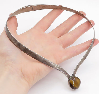 MEXICO 925 Sterling Silver  Vintage Tiger's Eye Smooth Collar Necklace  NE1145