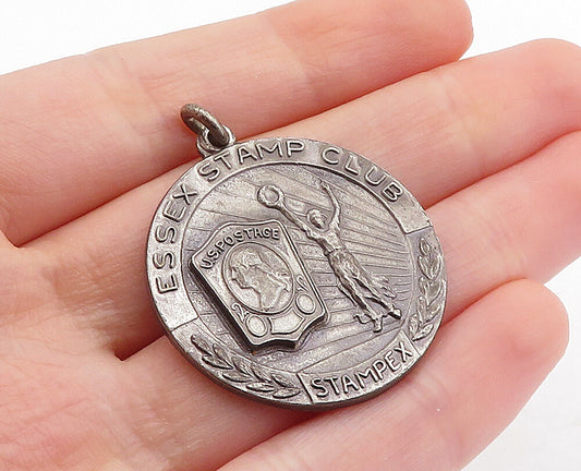 925 Sterling Silver  Vintage Antique Oxidized Essex Stamp Club Pendant  PT4820