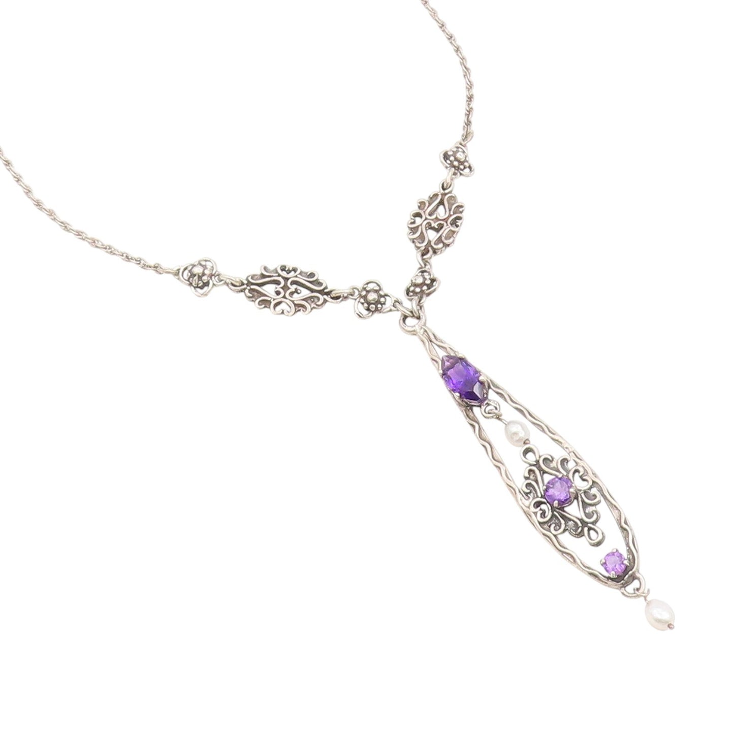 925 Sterling Silver Vintage Necklace Purple Amethyst & Pearl Floral Drop  NE4756