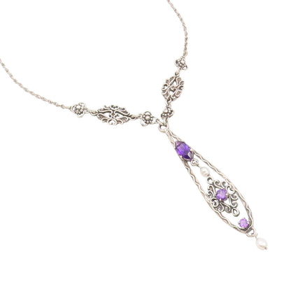 925 Sterling Silver Vintage Necklace Purple Amethyst & Pearl Floral Drop  NE4756