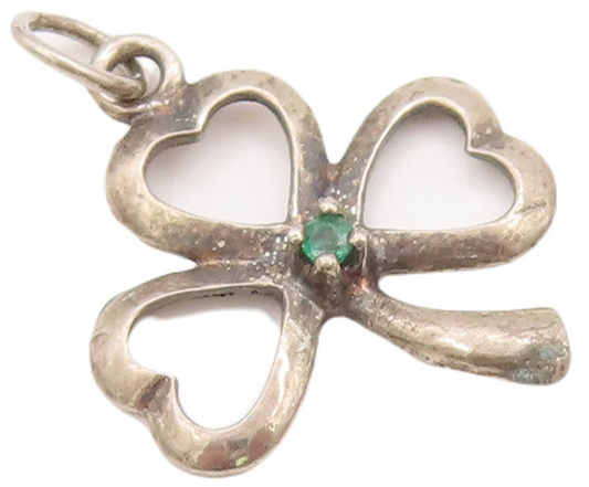 925 Sterling Silver Vintage Pendant Mini Emerald Beaded Cutout Clover  PT23072