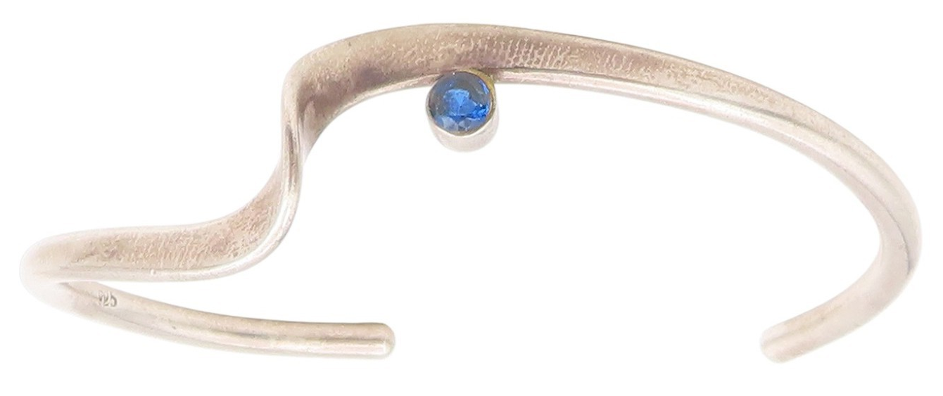 925 Sterling Silver Vintage Bracelet Blue Topaz Modernist Curved Wave  BT11839