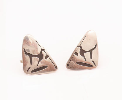 MEXICO 925 Silver  Vintage Modernist Wildlife Etched Triangle Earrings EG12471
