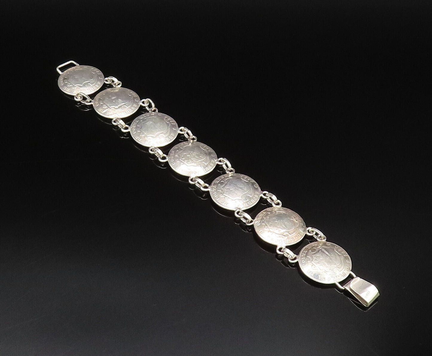 925 Sterling Silver  Vintage Costa Rica Crest Coin Chain Bracelet  BT9706