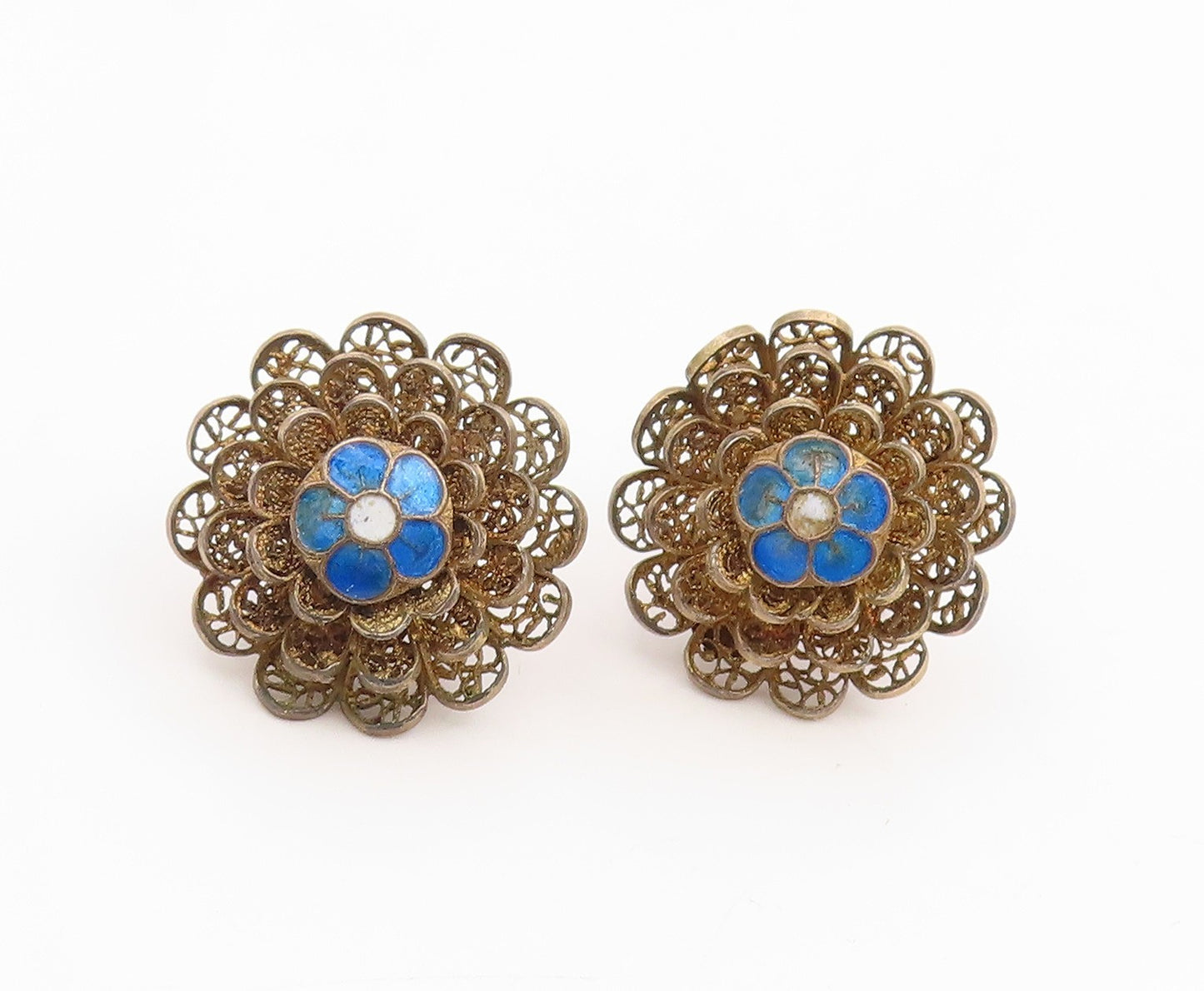 925 Sterling Silver Vintage Earrings TOPAZIO Enamel Filigree Flower  EG14312