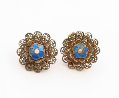 925 Sterling Silver Vintage Earrings TOPAZIO Enamel Filigree Flower  EG14312