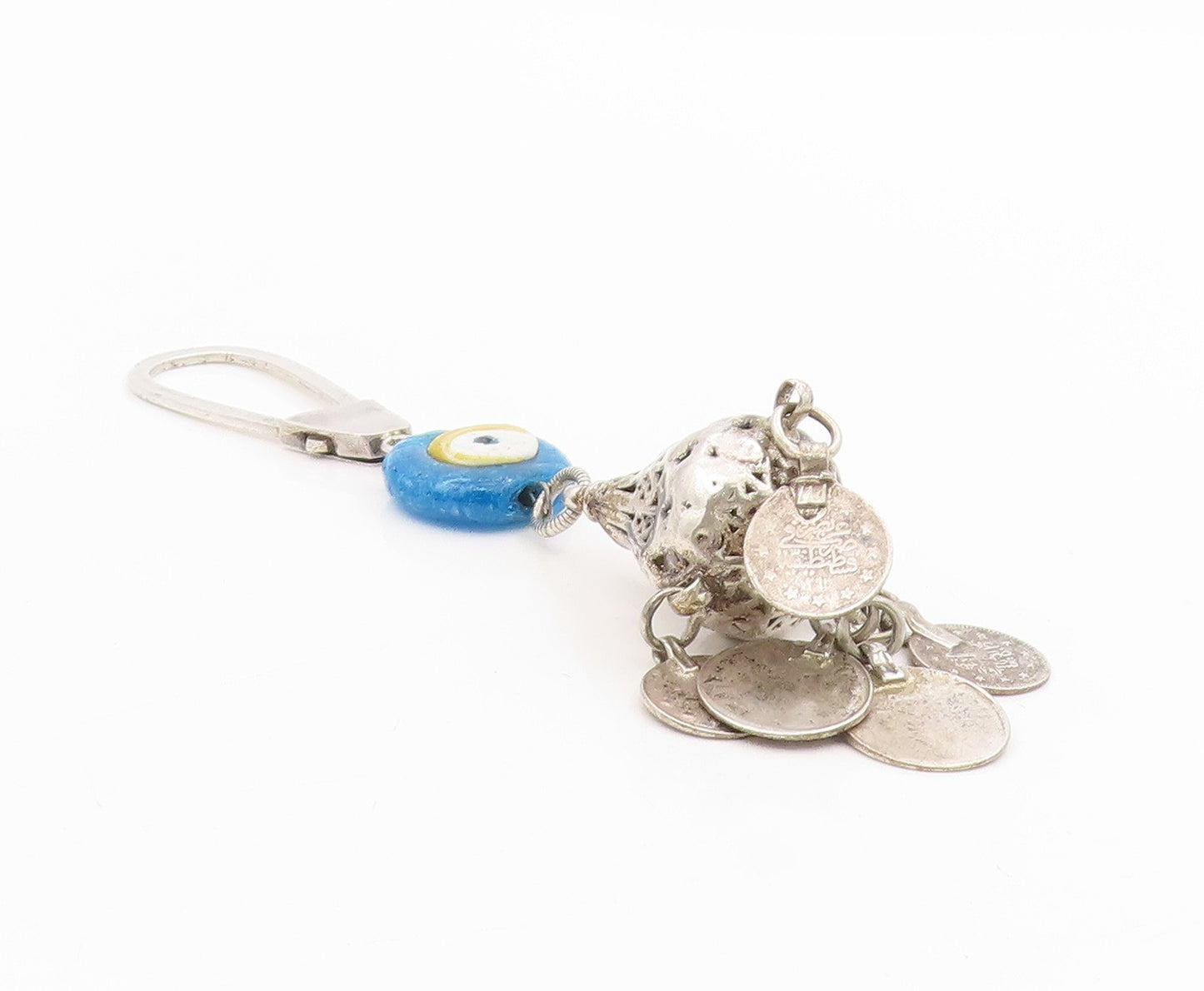 925 Sterling Silver Vintage Keychain Hamsa Evil Eye With Dangling Coins  TR4131
