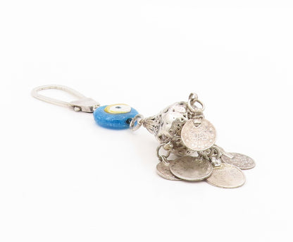 925 Sterling Silver Vintage Keychain Hamsa Evil Eye With Dangling Coins  TR4131