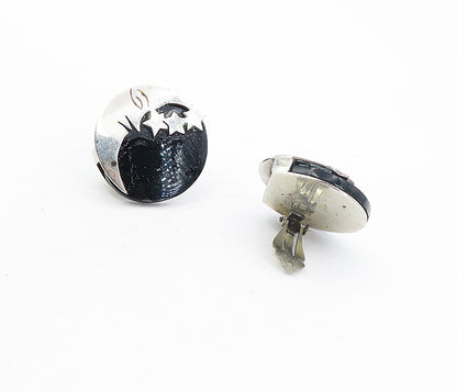 MEXICO 925 Silver  Vintage Black Onyx Moon & Stars Non Pierce Earrings  EG4337