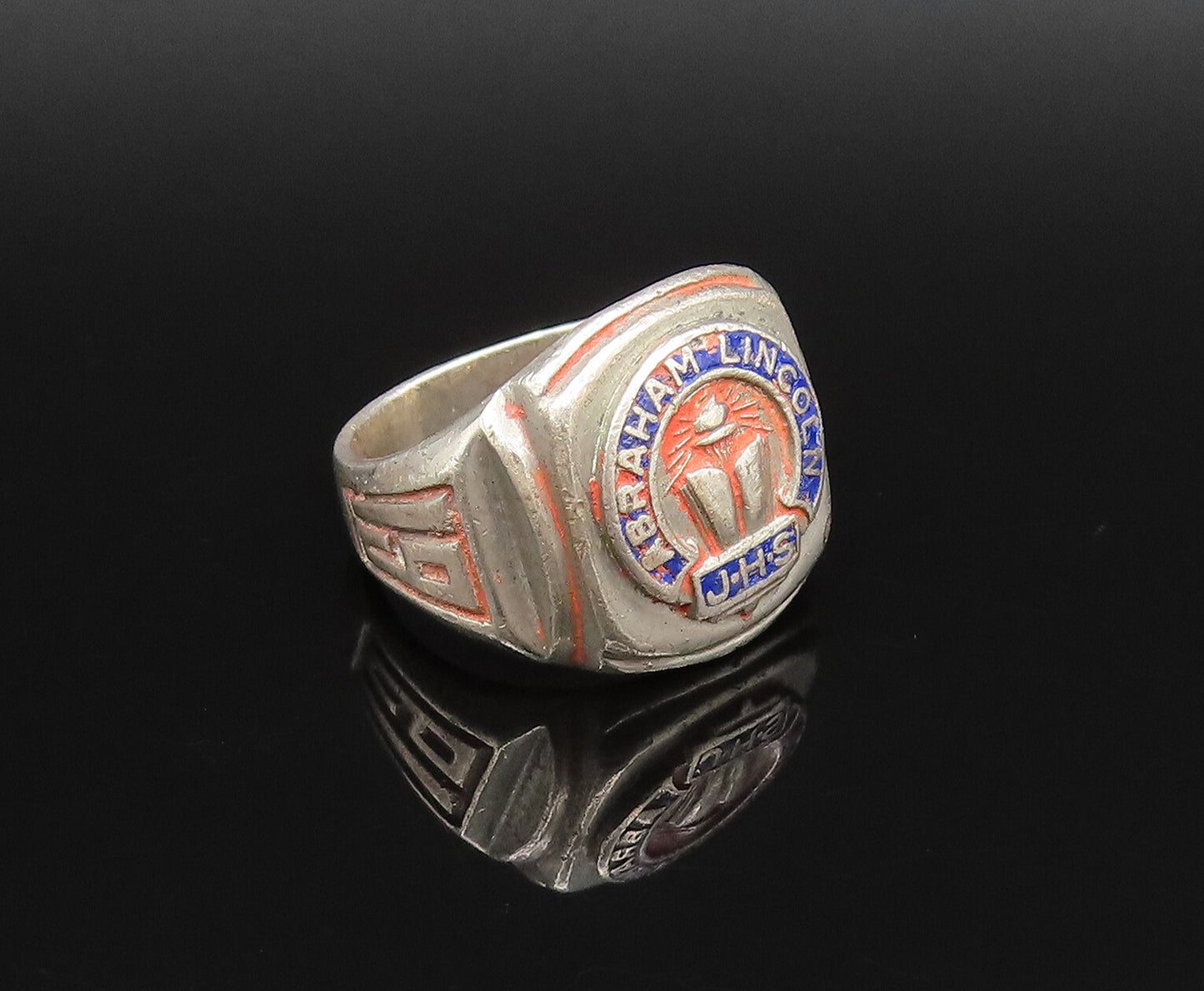 925 Silver  Vintage Antique Enamel Abraham Lincoln JHS Ring Sz 8  RG25833